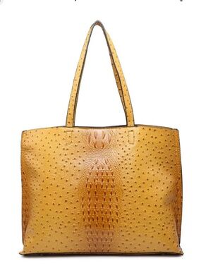Oversize Yellow Ostrich-Embossed Leather Tote Bag